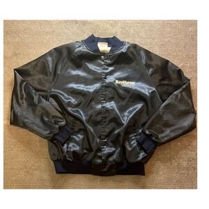 Vintage Satins Raytheon Bristol TN Bomber Jacket Navy Blue Nylon Snap Front XL